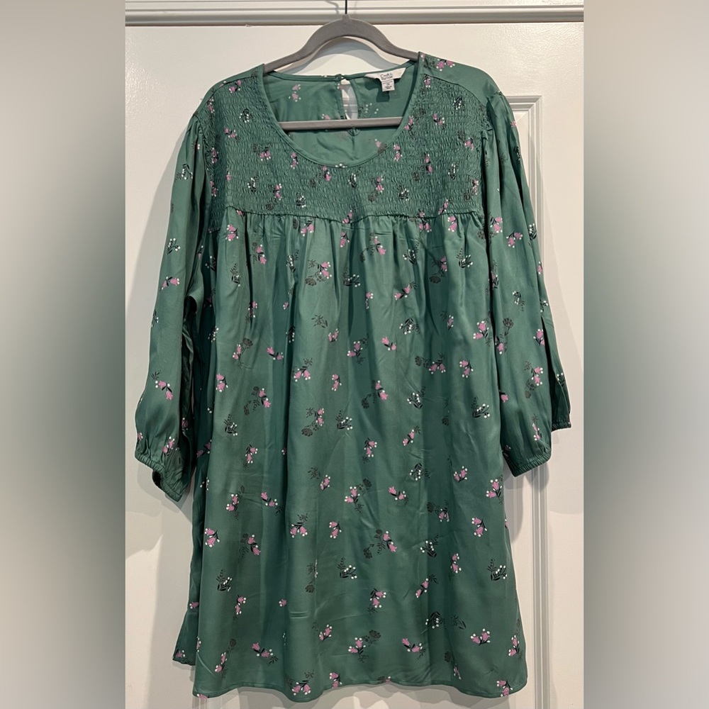 Croft & Barrow Green Floral 3/4 Sleeve Smocked Tunic Size 2X